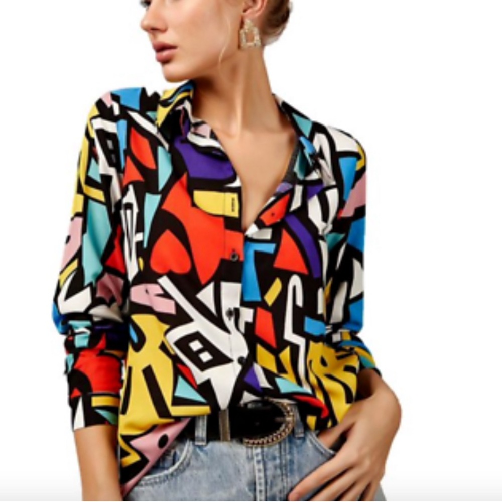 Big Dart Womens Abstract Geometric Button Up Shirt Long Sleeve Multicolor XL